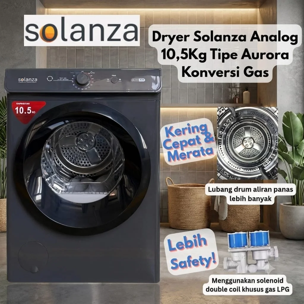 Detail drum dan solenoid double coil gas LPG pada Dryer SOLANZA Aurora